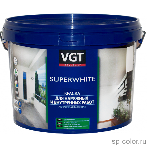 VGT Краска ВД-АК-1180 для наружных и внутренних работ "Супербелая" (моющаяся)